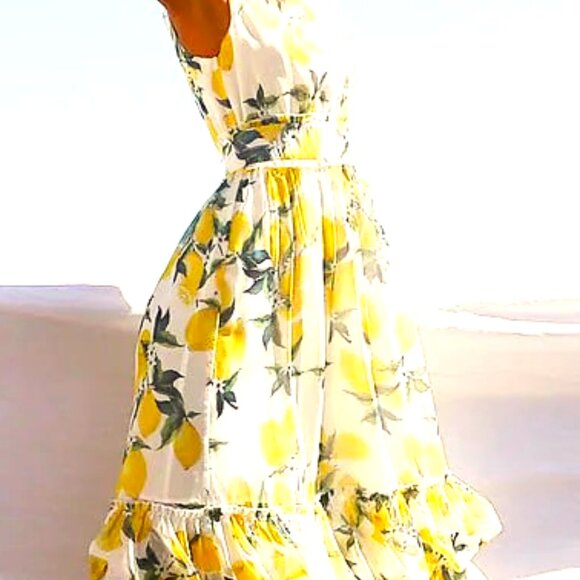 SLEEVELESS LEMON PRINT L SCOOP NECK 3 TIER FLOUNCE ON SKIRT SLIM TANK DRESS - Picture 2 of 5